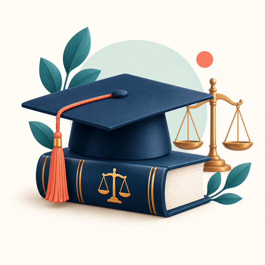 Chapeau universitaire et balance de justice pour la FAQ