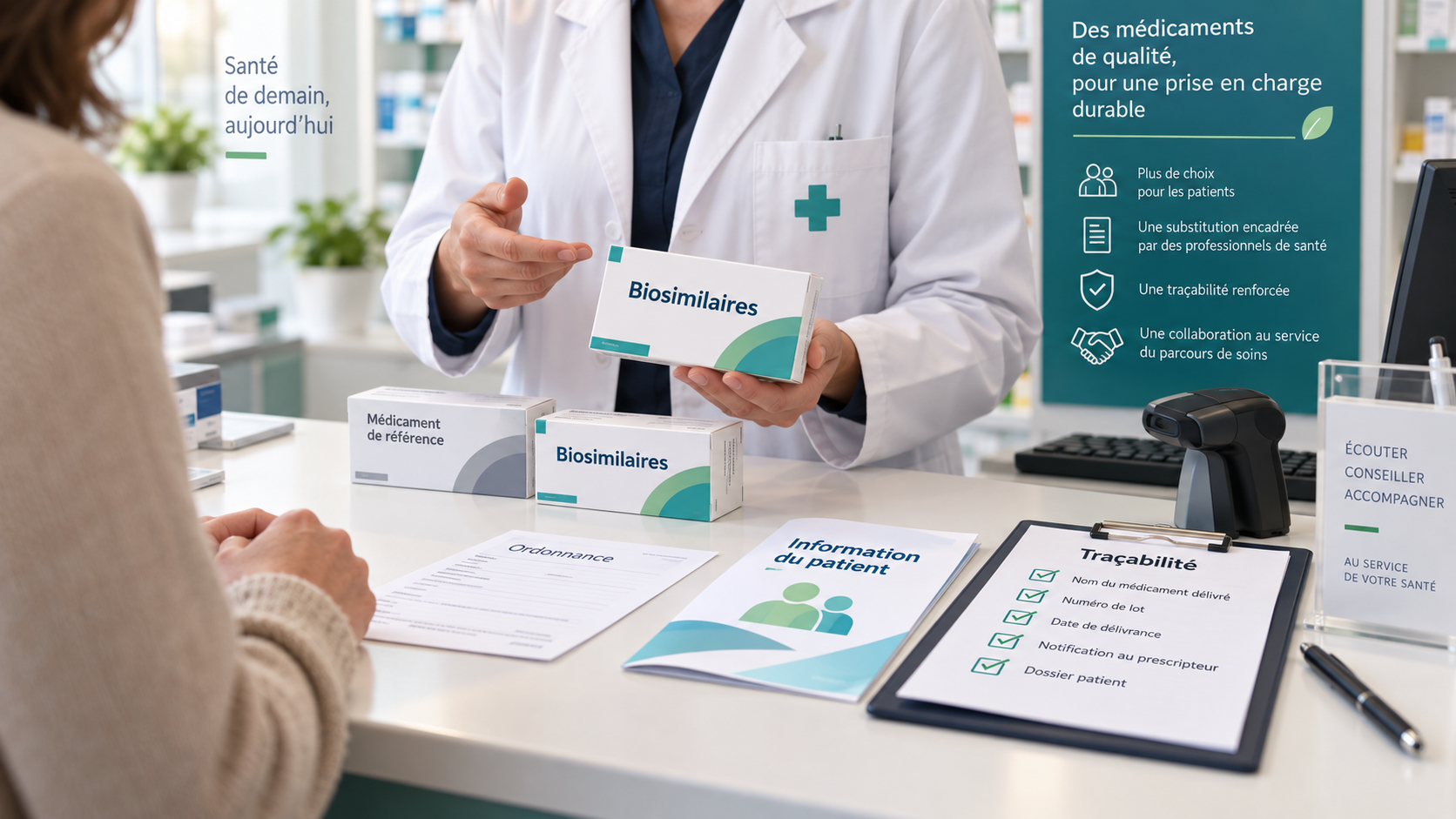 Illustration droit de la santé : médicaments biosimilaires, pharmacien, information du patient et traçabilité